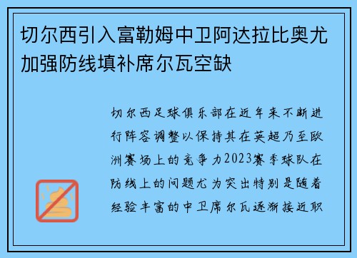 切尔西引入富勒姆中卫阿达拉比奥尤加强防线填补席尔瓦空缺