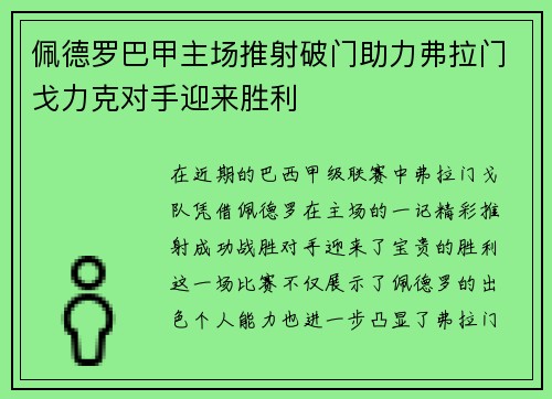 佩德罗巴甲主场推射破门助力弗拉门戈力克对手迎来胜利